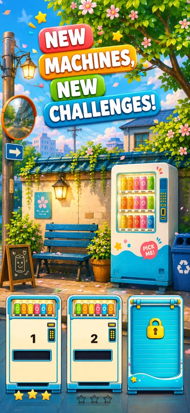 VendiMachi App Store screenshot showing new vending machines and challenges